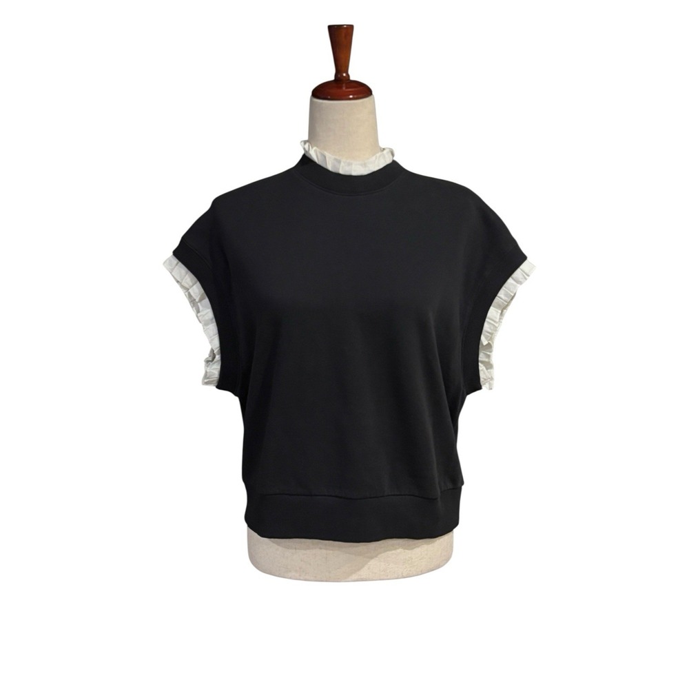 Allsaints Agata Ruffle Black White Short‎ Sleeve Sweatshirt Top Blouse Women's M